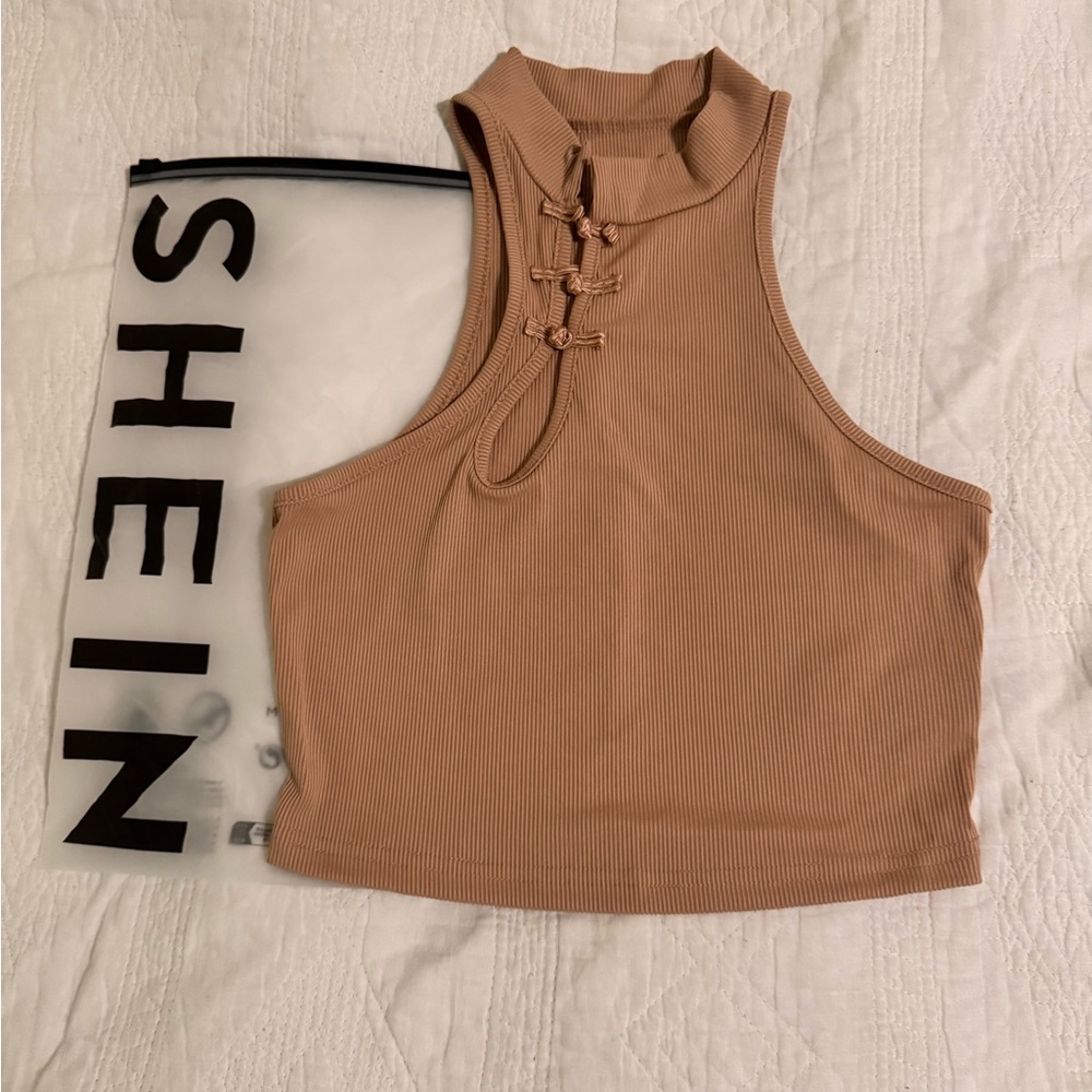 SHEIN Camel Ribbed Halter Tank Top